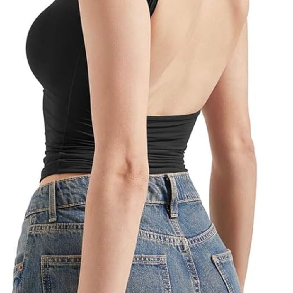 Backless Y2K Crop Top - Sexy Double Lined Tee for Women, Jet Black, S Size - Picture 2 of 7